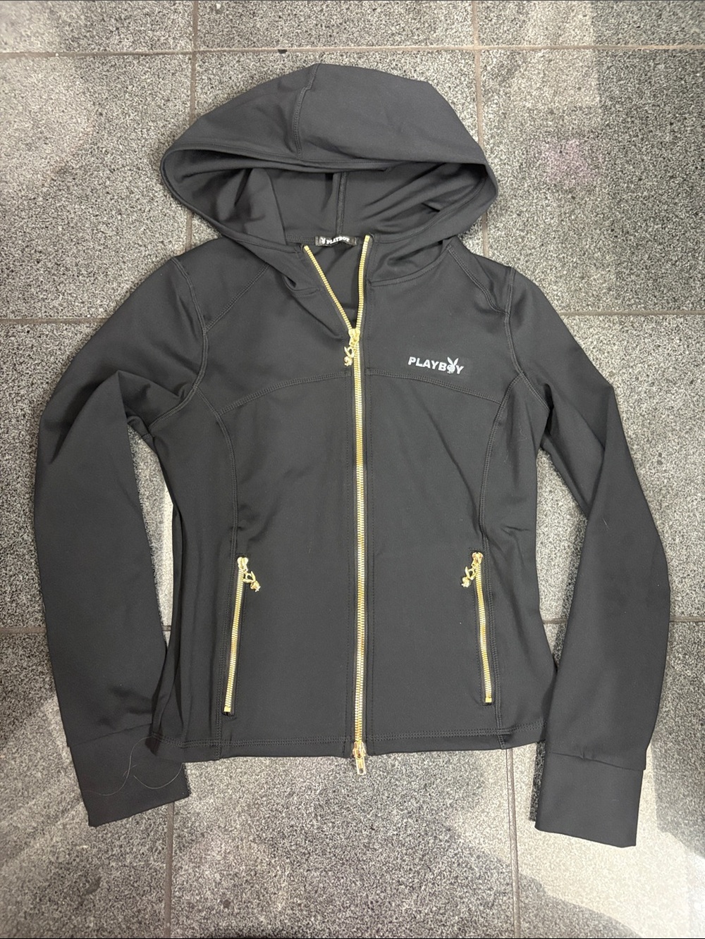 PLAYBOY Black Hooded Zip Jacket with Gold Zippers